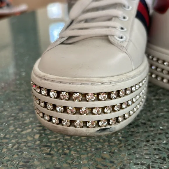 GUCCI Leather and Bee Detail with Ace Crystal Embellished Platform Sneakers - Picture 9 of 14